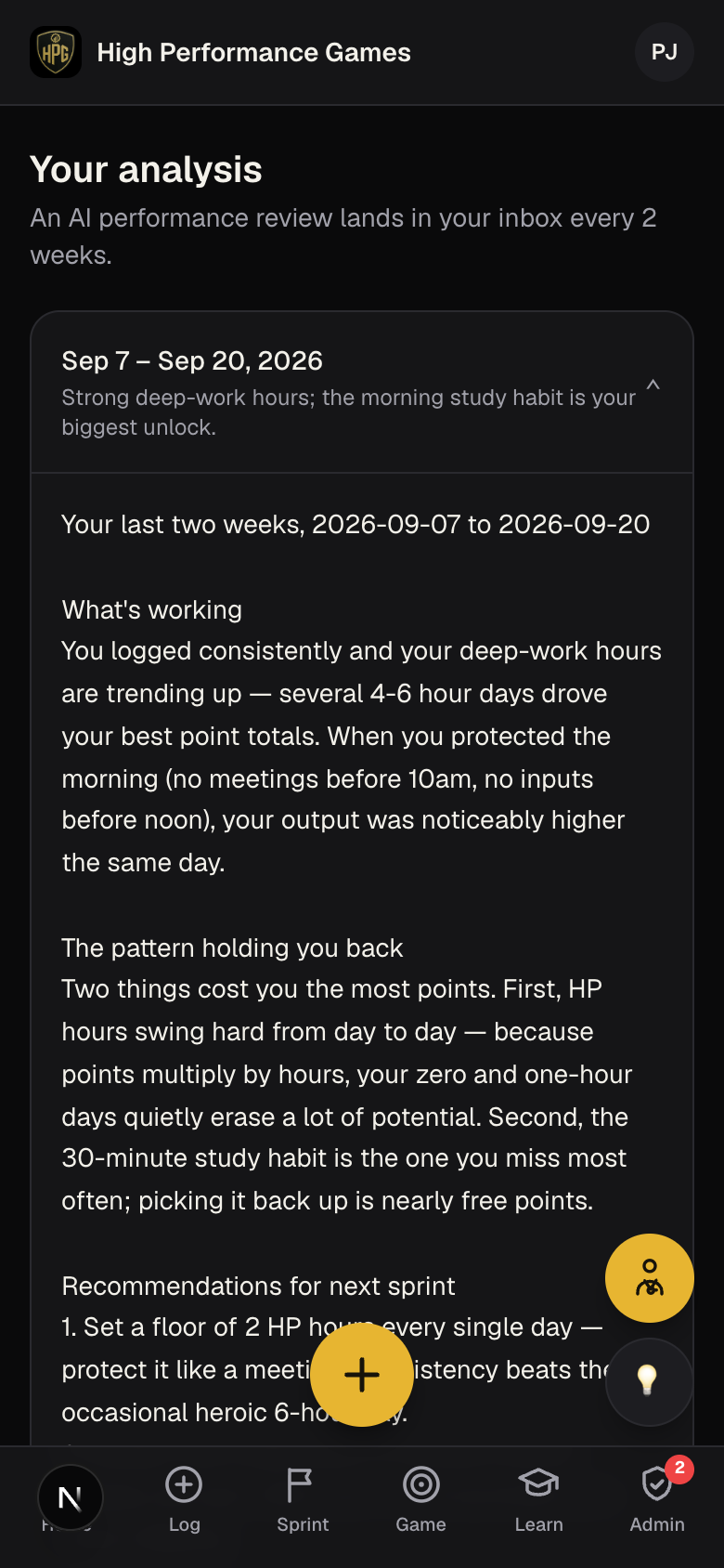 HPG app — AI performance review delivered every two weeks