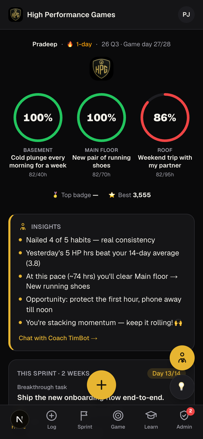 HPG app dashboard — daily progress rings and AI insights